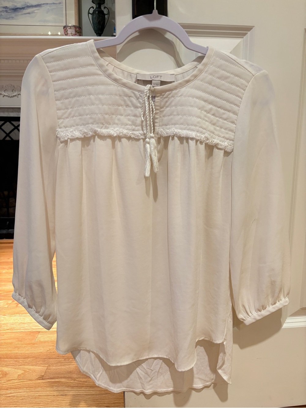 LOFT Cream Peasant-Style Tie-Neck Blouse